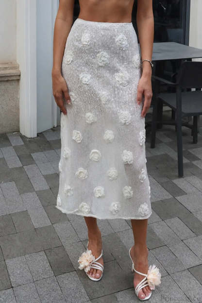 Appliqué Flower Bodycon Maxi Skirt White / S
