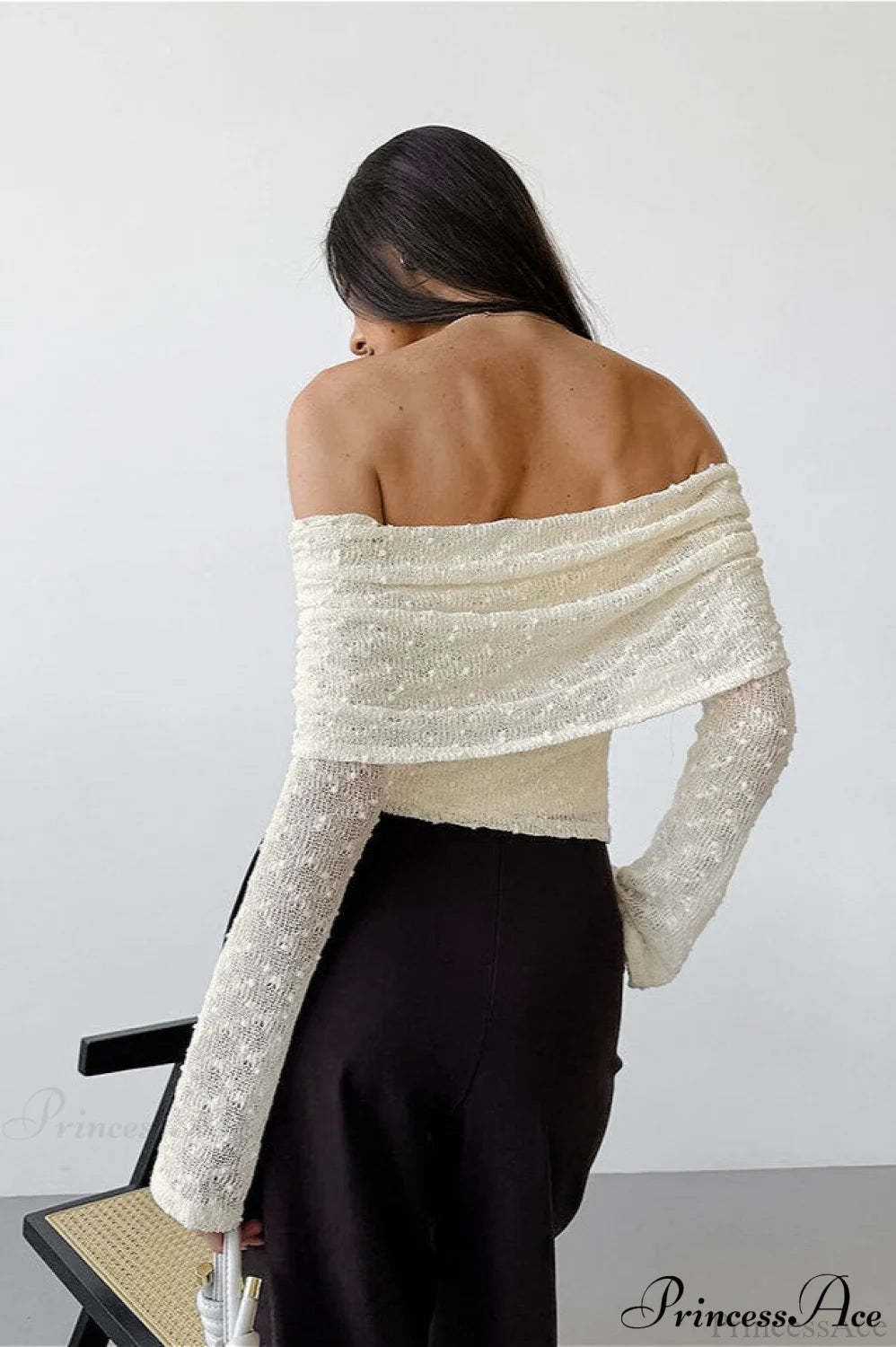 Apricot Off Shoulder Lace Knit Long Sleeve Tee