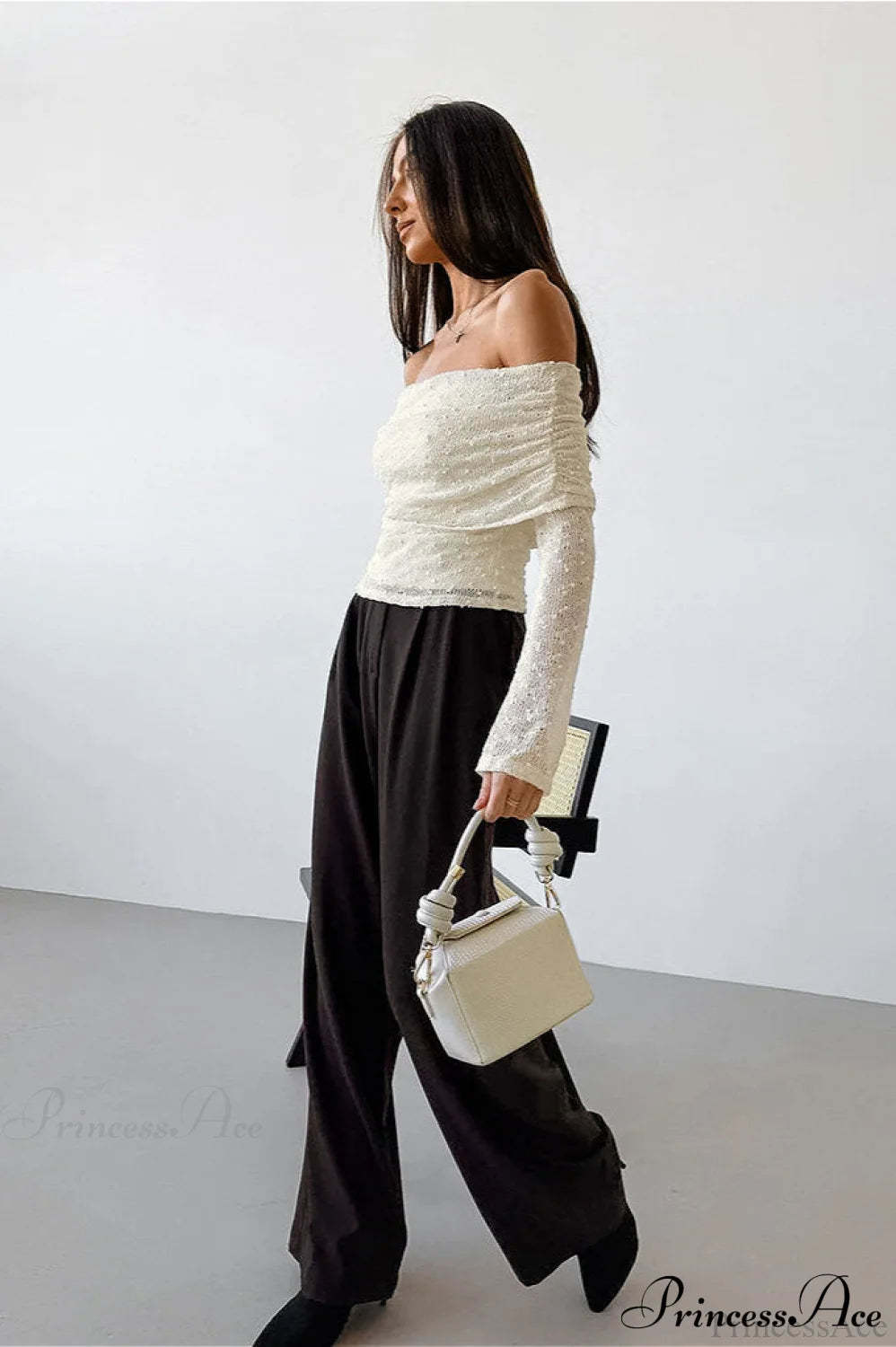 Apricot Off Shoulder Lace Knit Long Sleeve Tee