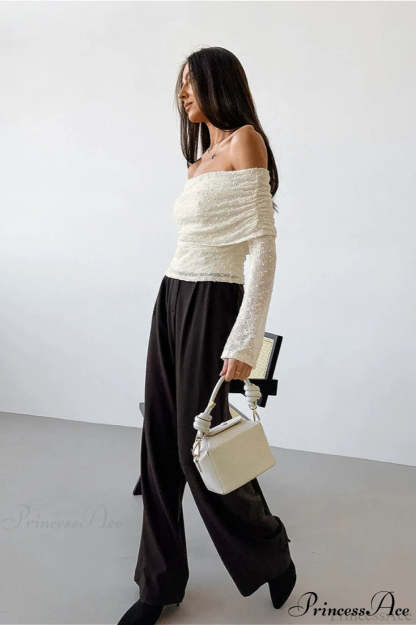 Apricot Off Shoulder Lace Knit Long Sleeve Tee