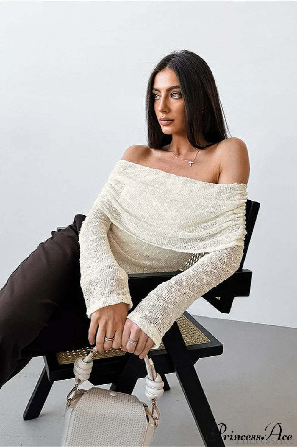 Apricot Off Shoulder Lace Knit Long Sleeve Tee