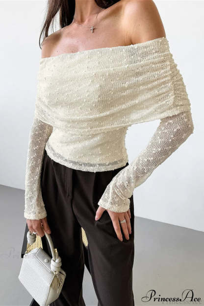 Apricot Off Shoulder Lace Knit Long Sleeve Tee Apricot / S