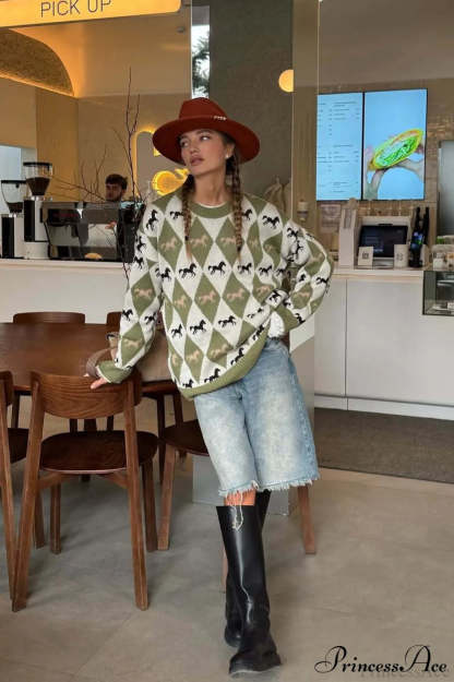 Argyle Colorblock Chillax Crew Neck Pullover Sweater