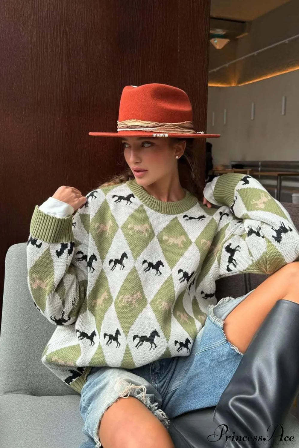 Argyle Colorblock Chillax Crew Neck Pullover Sweater