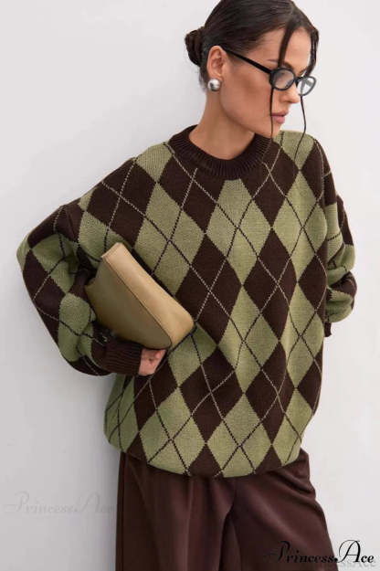 Argyle Crew Neck Oversized Pullover Sweater