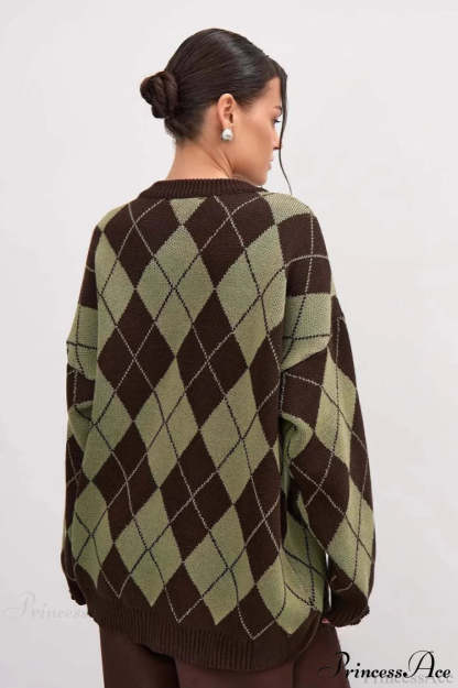 Argyle Crew Neck Oversized Pullover Sweater