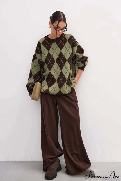 Argyle Crew Neck Oversized Pullover Sweater