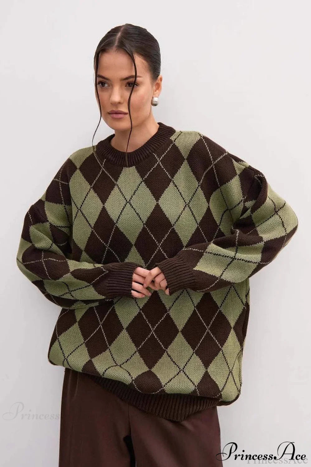 Argyle Crew Neck Oversized Pullover Sweater Green / S