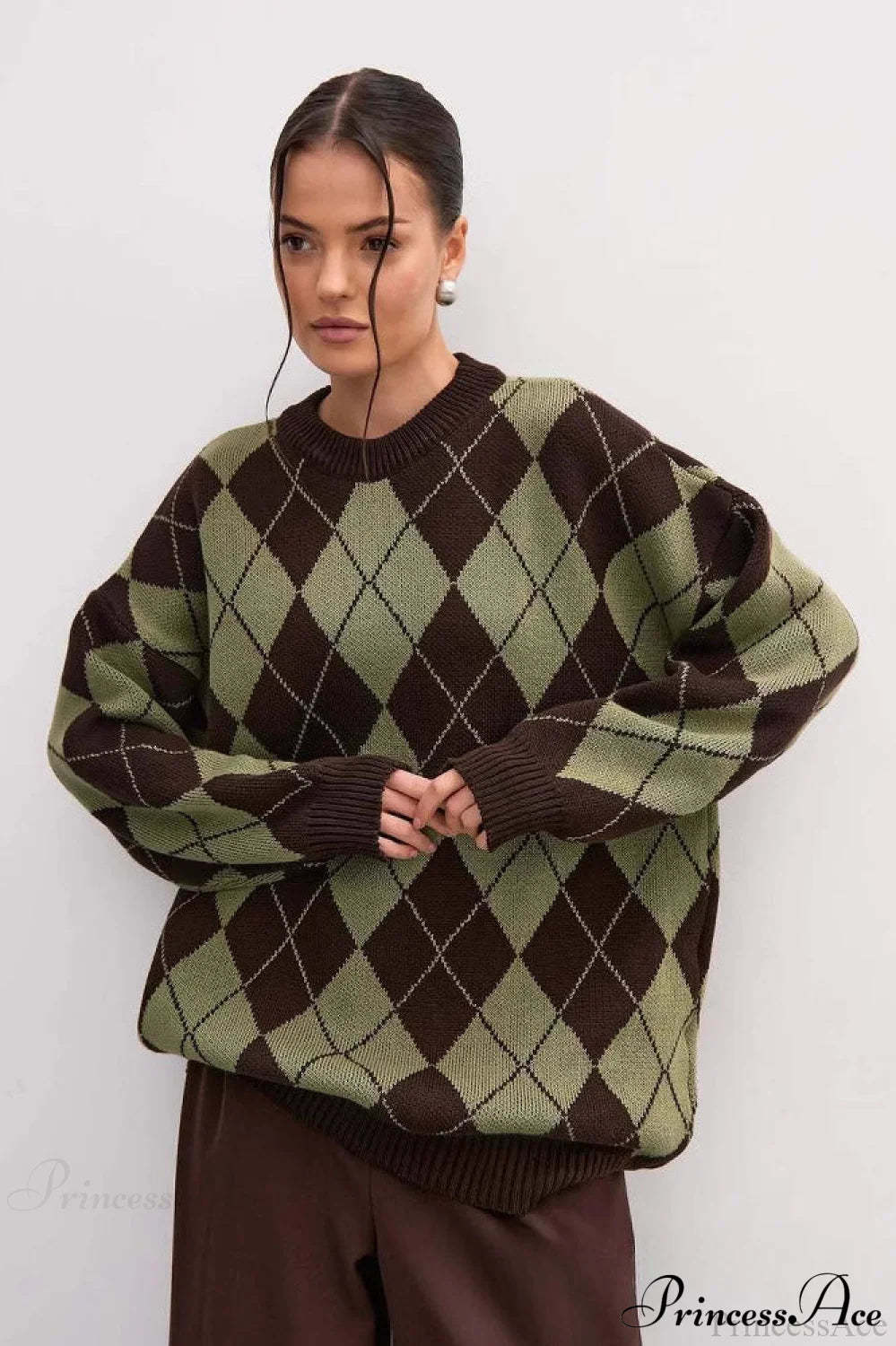 Argyle Crew Neck Oversized Pullover Sweater Green / S