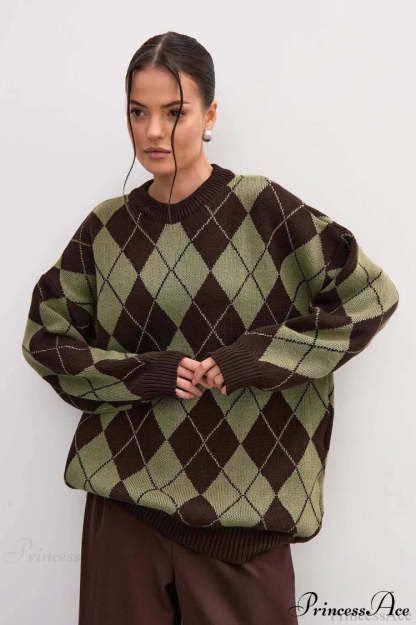 Argyle Crew Neck Oversized Pullover Sweater Green / S