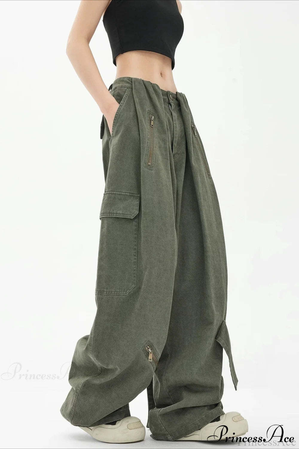 Army Green Parachute High Waist Loose Cargo Pants