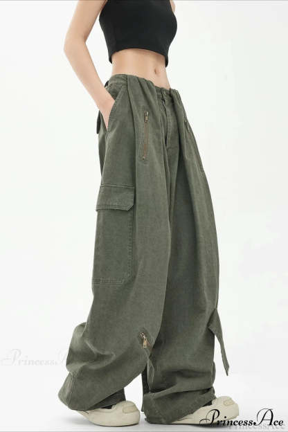 Army Green Parachute High Waist Loose Cargo Pants