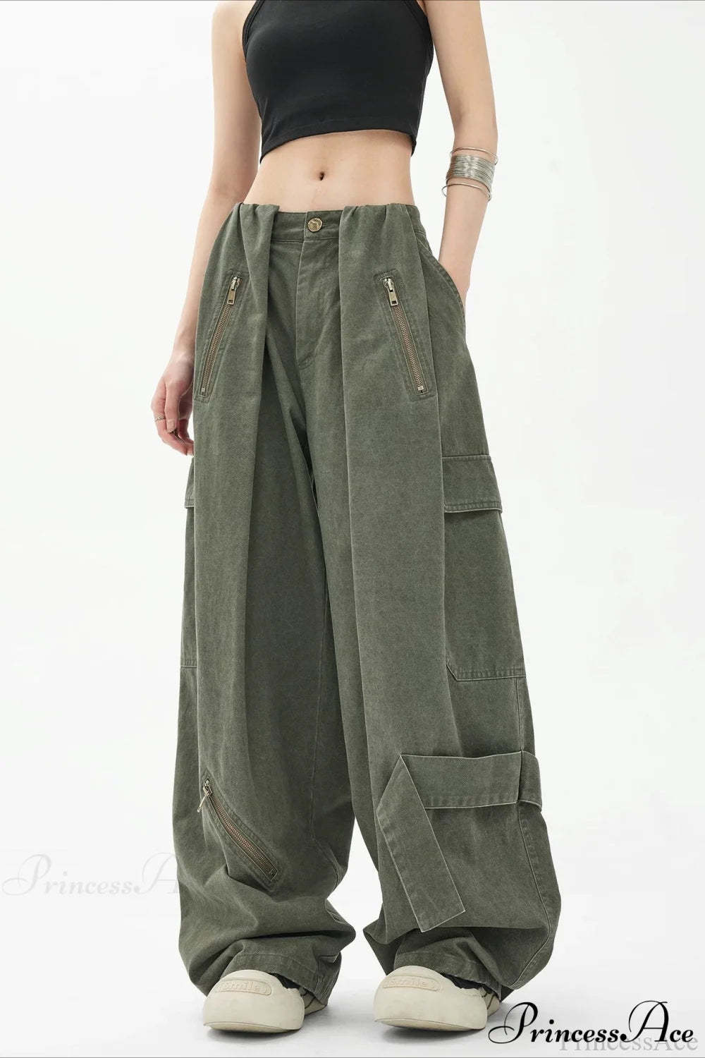 Army Green Parachute High Waist Loose Cargo Pants