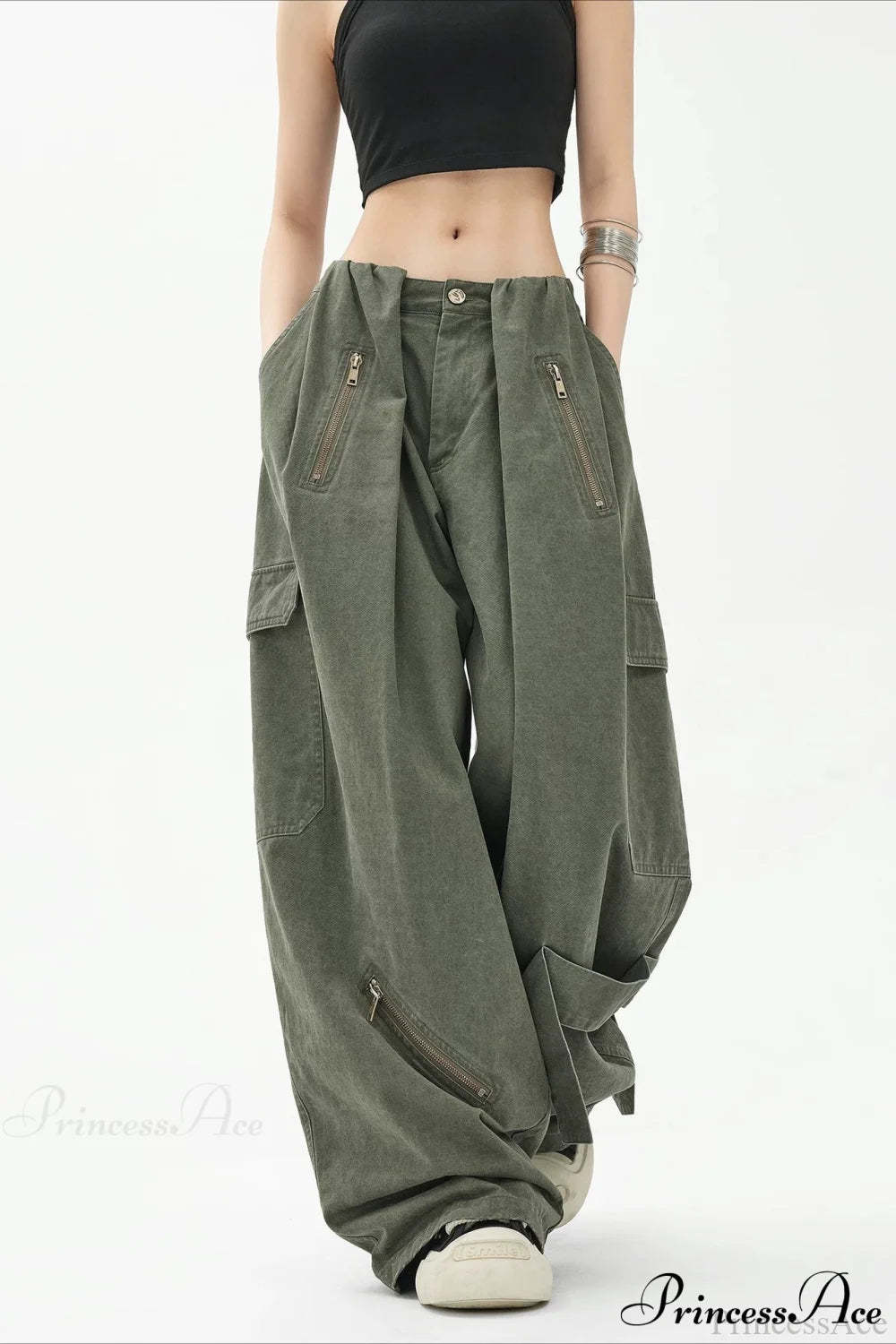 Army Green Parachute High Waist Loose Cargo Pants Army Green / S
