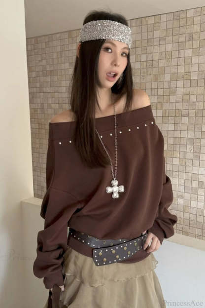 Asym Off-Shoulder Rivet Loose Sweatshirt