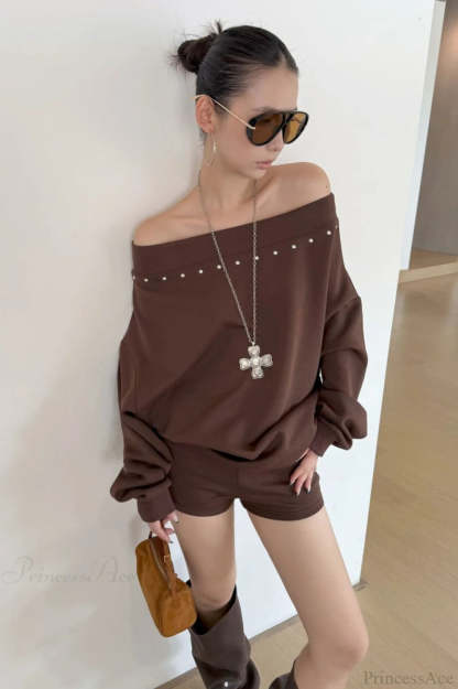 Asym Off-Shoulder Rivet Loose Sweatshirt Brown / One Size