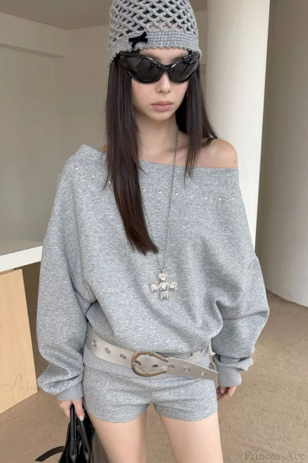 Asym Off-Shoulder Rivet Loose Sweatshirt Grey / One Size