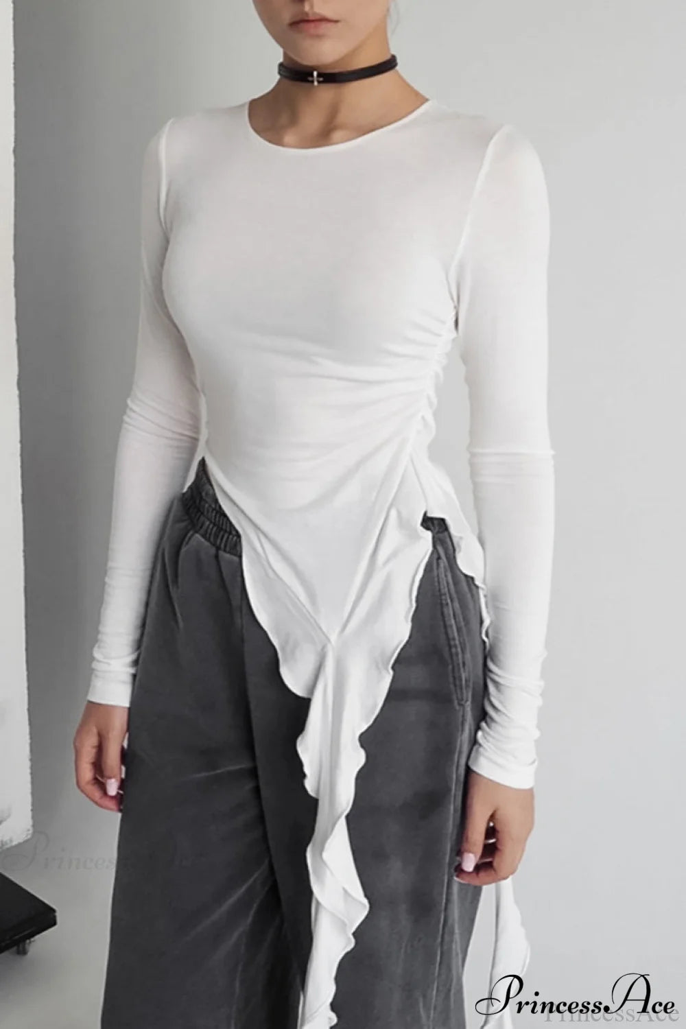 Asymmetric Knitted Slim Long Sleeve Tee White / S