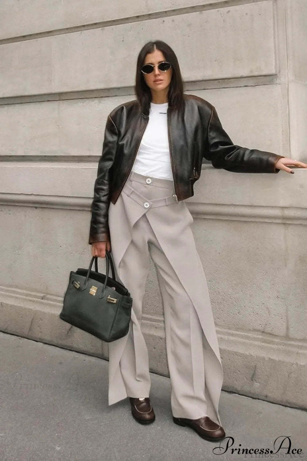 Asymmetrical High Waist Wide Leg Tailored Pants Khaki / S