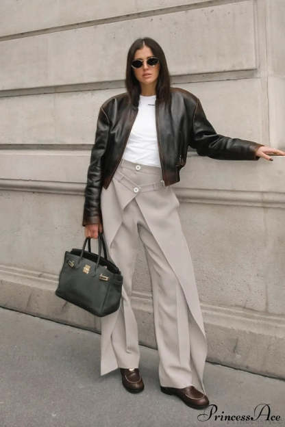 Asymmetrical High Waist Wide Leg Tailored Pants Khaki / S