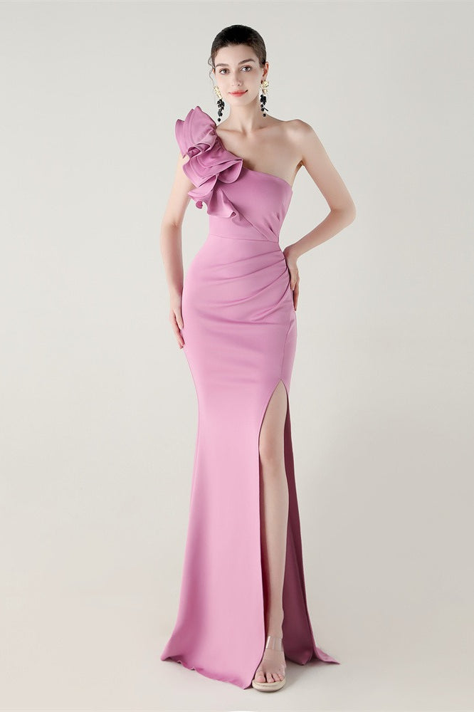Ruffled Floral One Shoulder Satin Party Dress