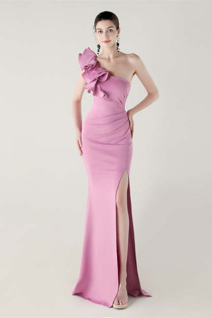 Ruffled Floral One Shoulder Satin Party Dress