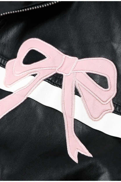 Bow Decor Faux Leather Moto Jacket