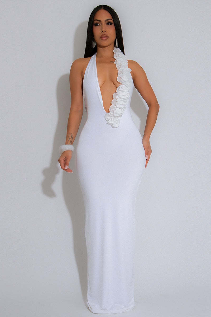 Backless Halter Floral Bodycon Party Dress White / S