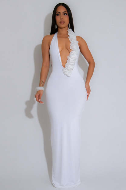 Backless Halter Floral Bodycon Party Dress White / S