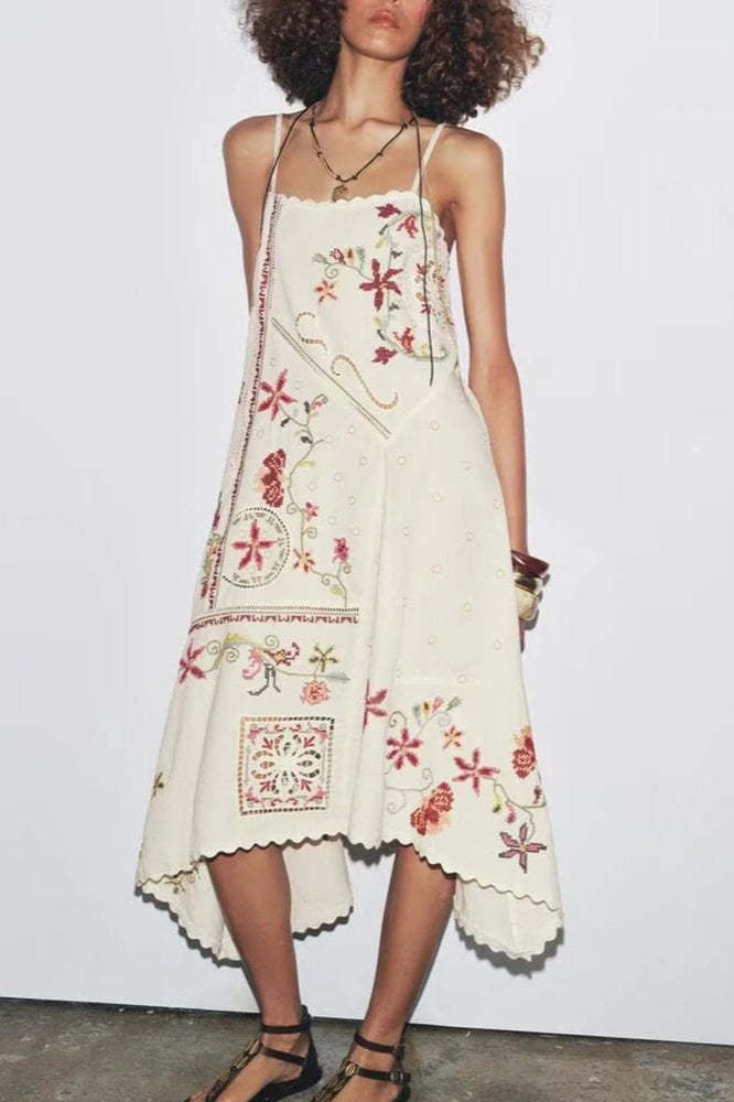 Floral Embroidered Asymmetric Boho Dress