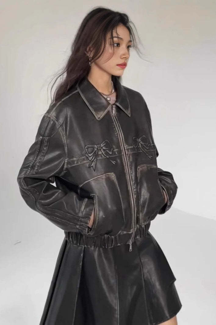 Bow Decor Faux Leather Moto Jacket
