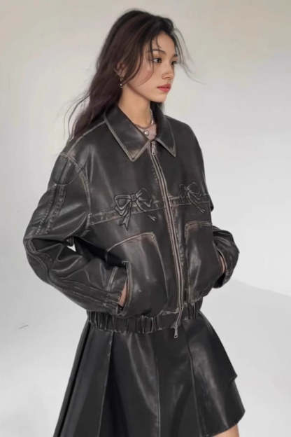 Bow Decor Faux Leather Moto Jacket