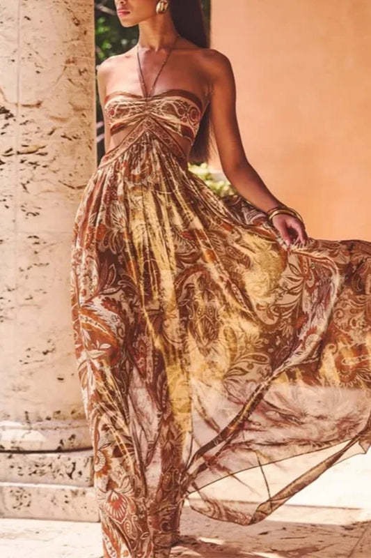 Strapless Lace Up Pleated Boho Dress