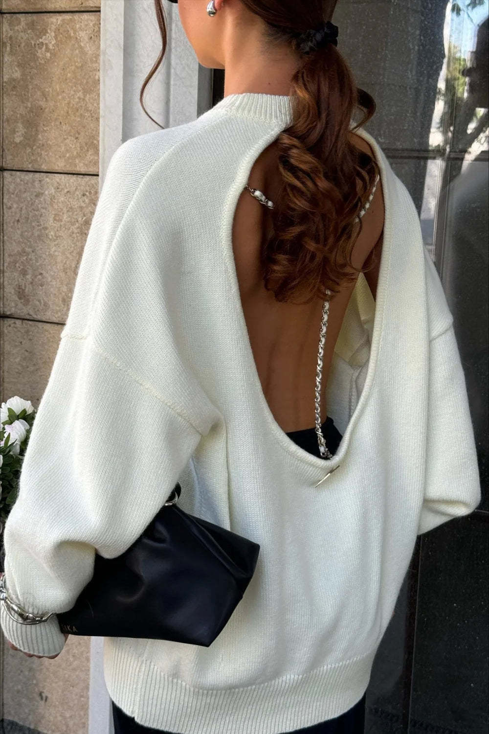 Backless Metal Chain Loose Knit Blouse White / S