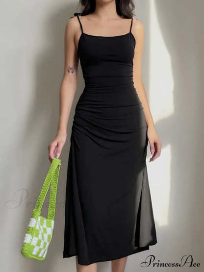 Backless Split One Trendy Shoulder Ribbed Maxi Dress Black / S Dresses