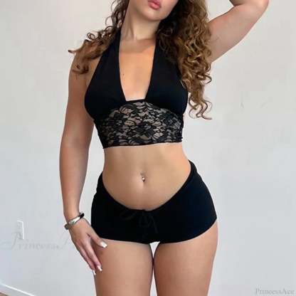 Backless Tie-Up Camis Lace Patchwork Halter Crop Top Mini Shorts Two Pieces Set twopiecesset-250126