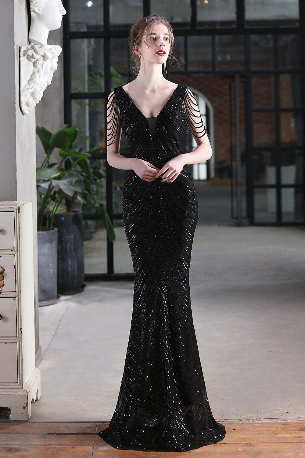 Elegant Sequin Mermaid Party Dress Black / S