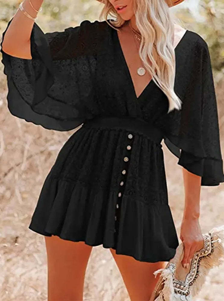 Lace V Neck Ruffle Mini Boho Dress Black / S