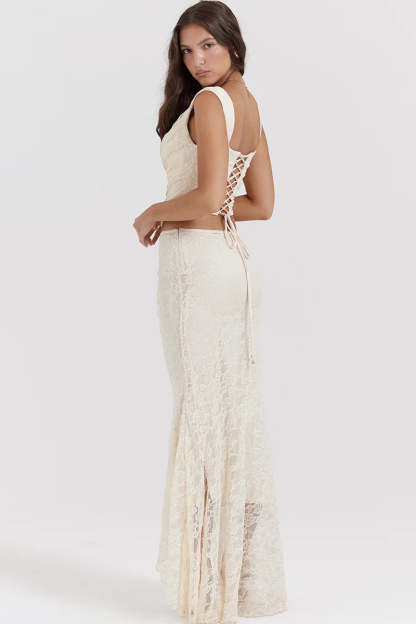 Elegant Lace Up Crop Top & Maxi Skirt Boho Dress