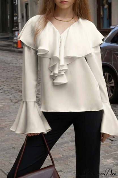 Beige Ruffled V Neck Flared Sleeve Blouse
