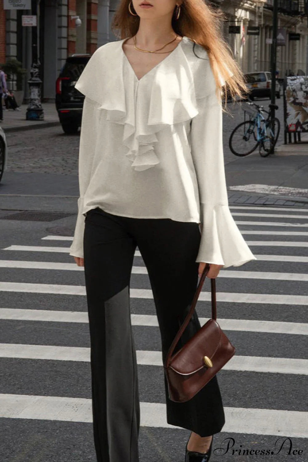 Beige Ruffled V Neck Flared Sleeve Blouse