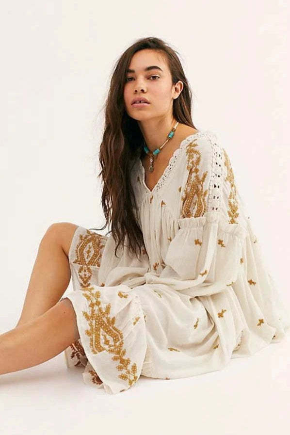 Floral Long Sleeve Midi Boho Dress Beige / S