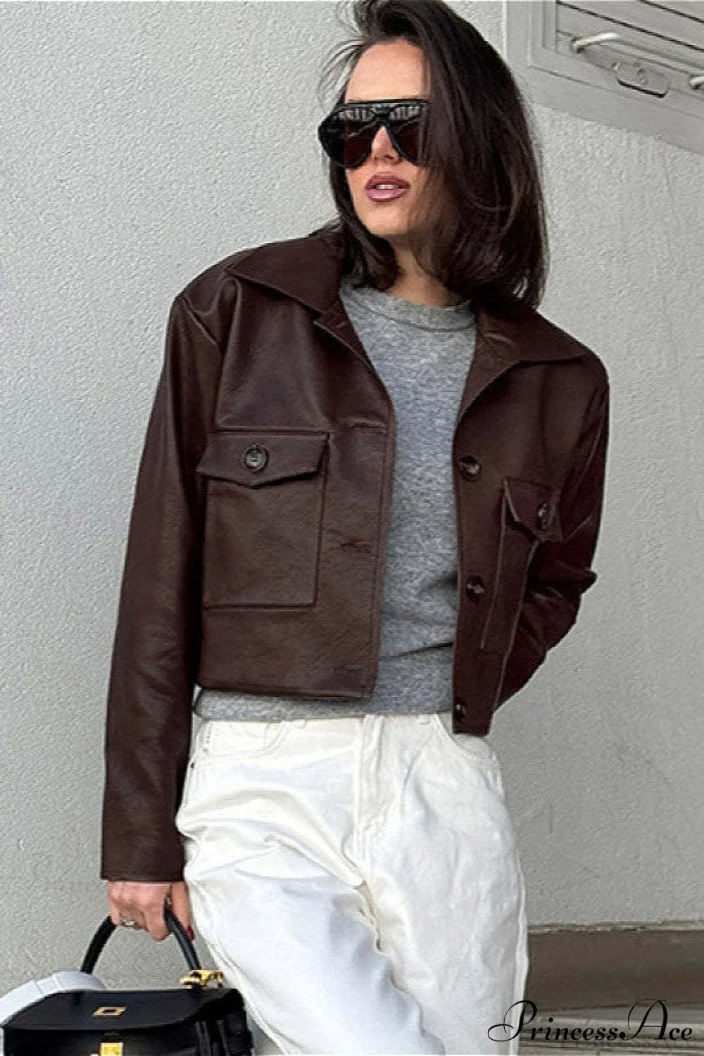 Biker Leather Collared Slim Coat Brown / S