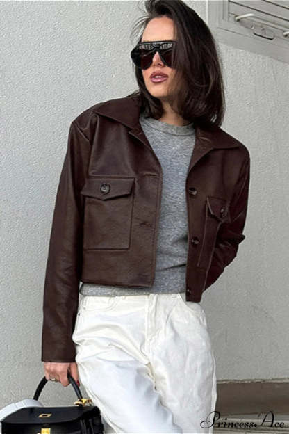 Biker Leather Collared Slim Coat Brown / S