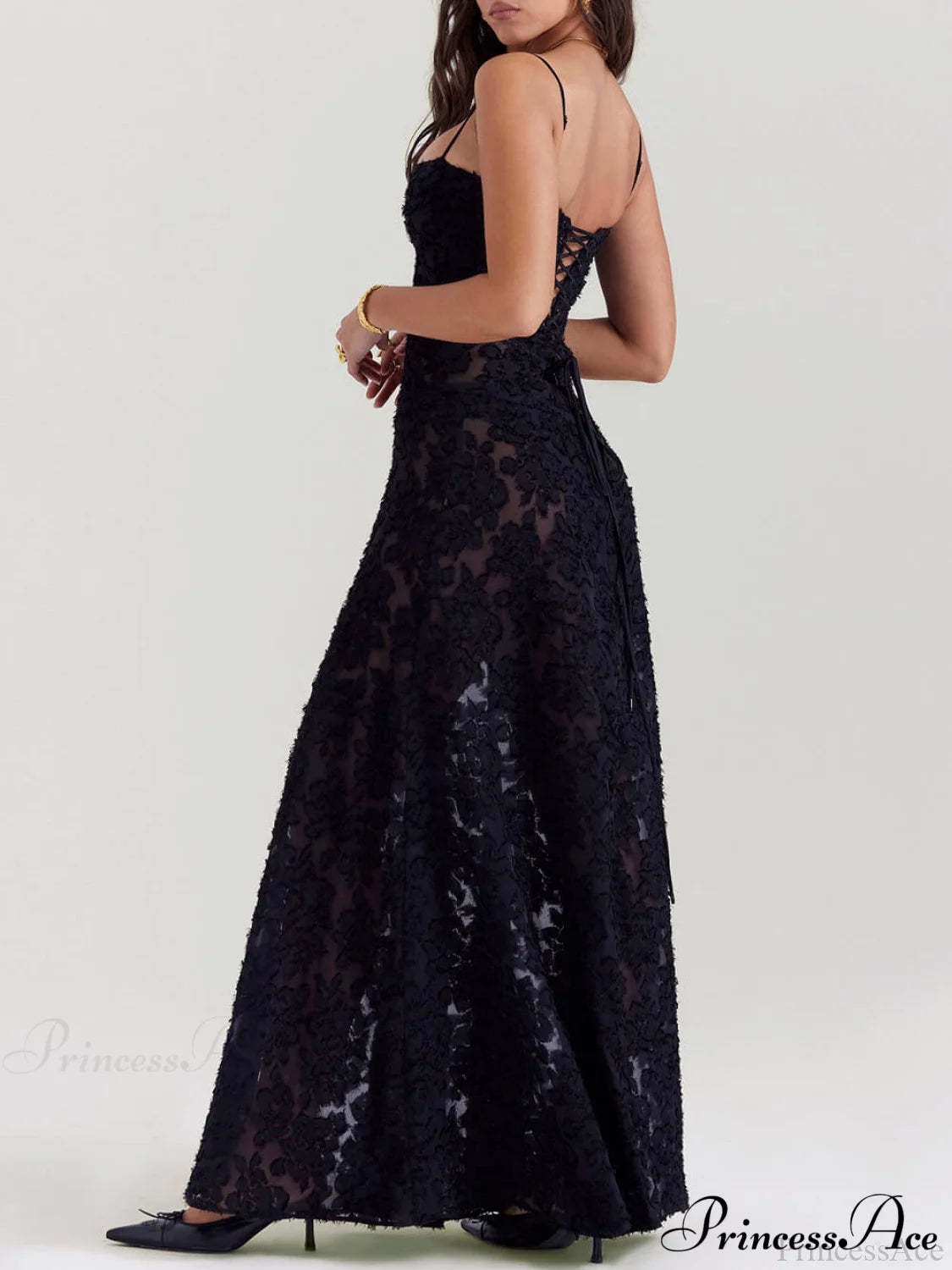Black Floral Lace Charming Back Maxi Dress Dresses