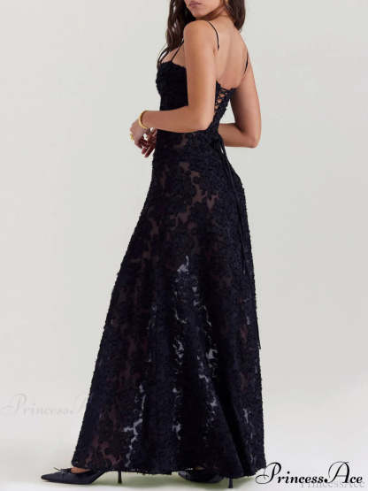 Black Floral Lace Charming Back Maxi Dress Dresses