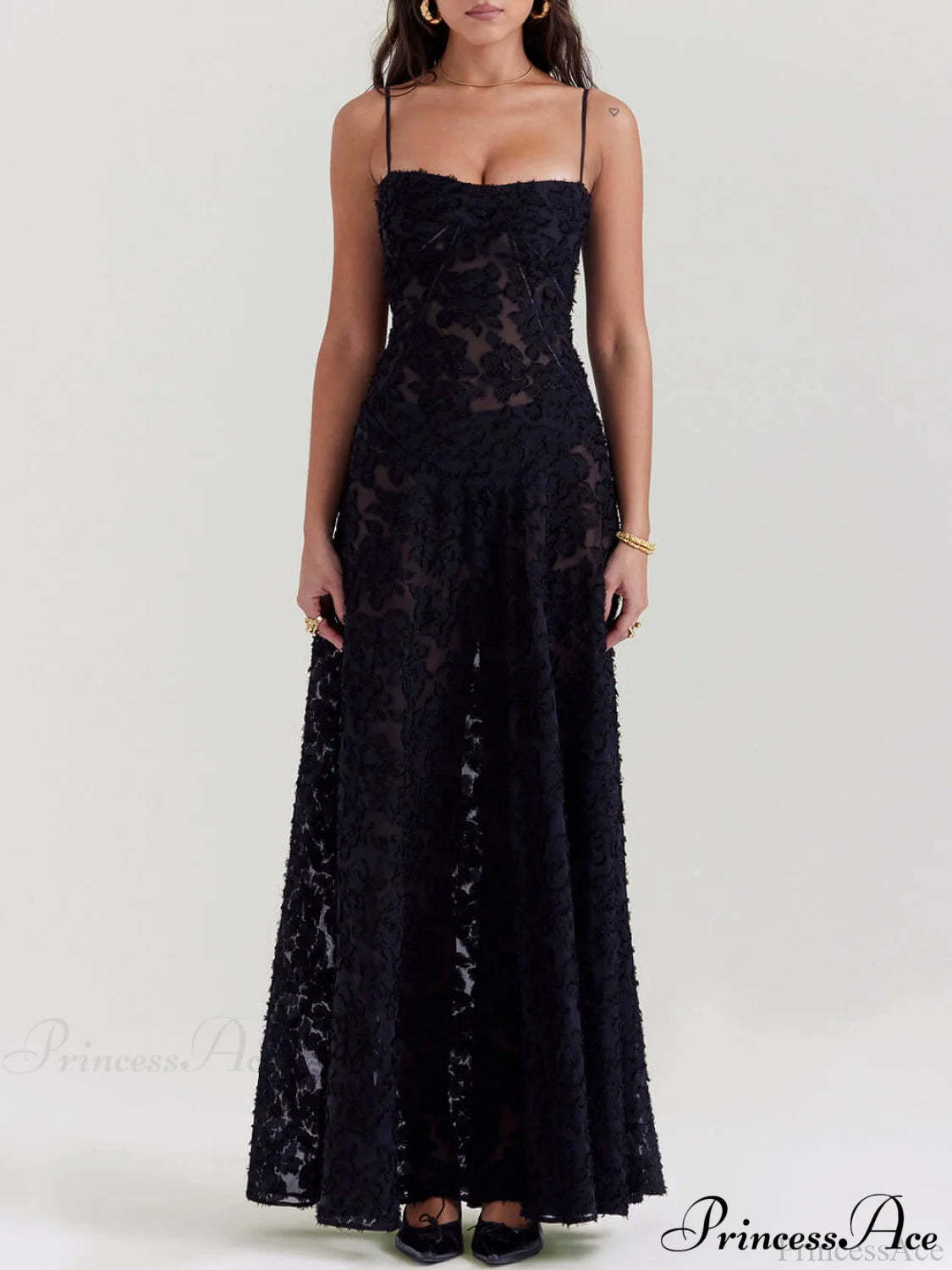 Black Floral Lace Charming Back Maxi Dress / S Dresses