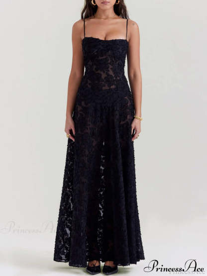 Black Floral Lace Charming Back Maxi Dress / S Dresses