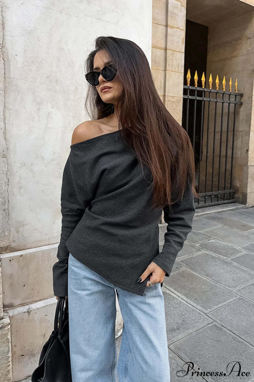 Black Off Shoulder Knit Slim Long Sleeve Tee