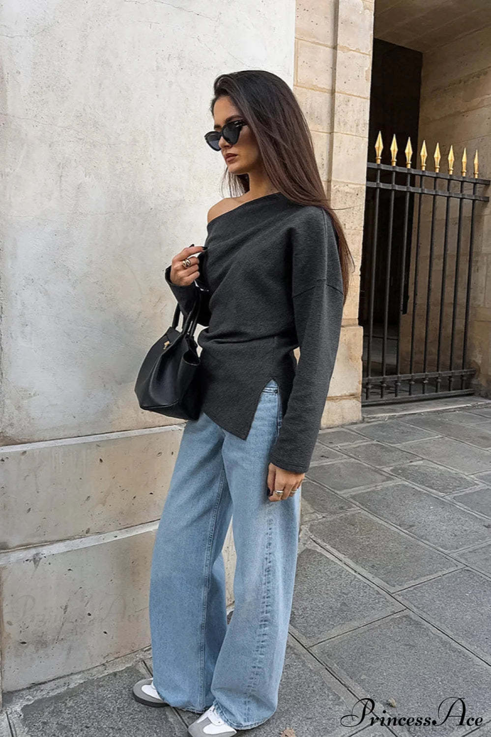 Black Off Shoulder Knit Slim Long Sleeve Tee